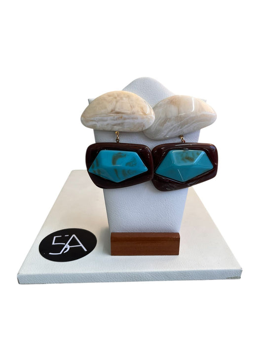 ✨ Aros bicolor geométricos – marfil & turquesa ✨